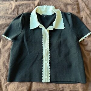 Express Black Knit Button-Front Top with Cream Scallop Trim